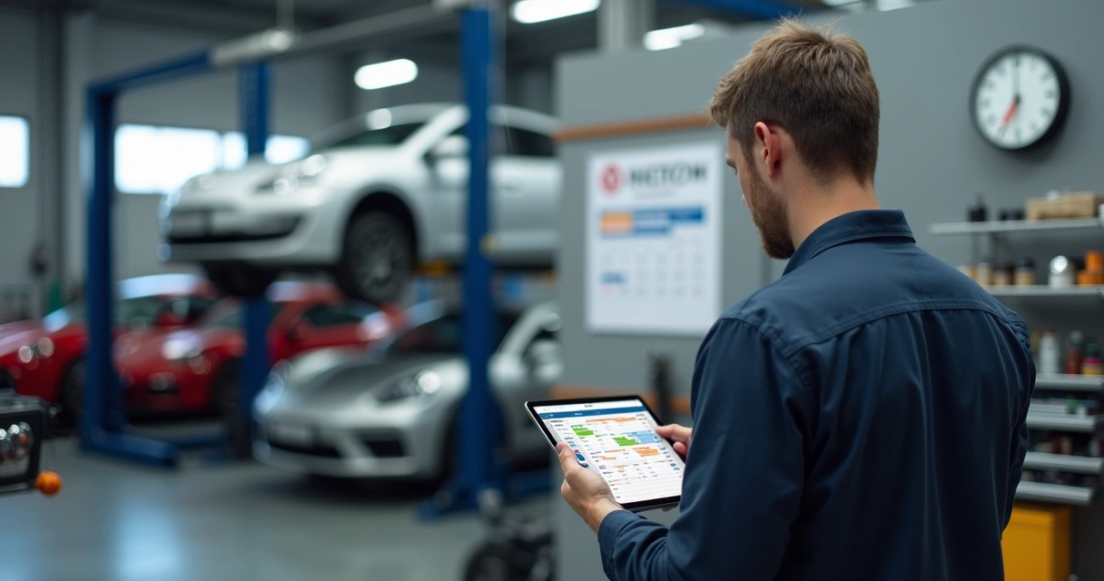 Mecânico consultando agenda digital em oficina com carros ao fundo 