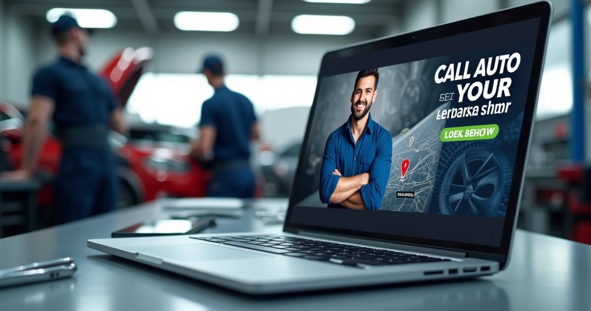 Anúncio digital de oficina mecânica na tela de um notebook 