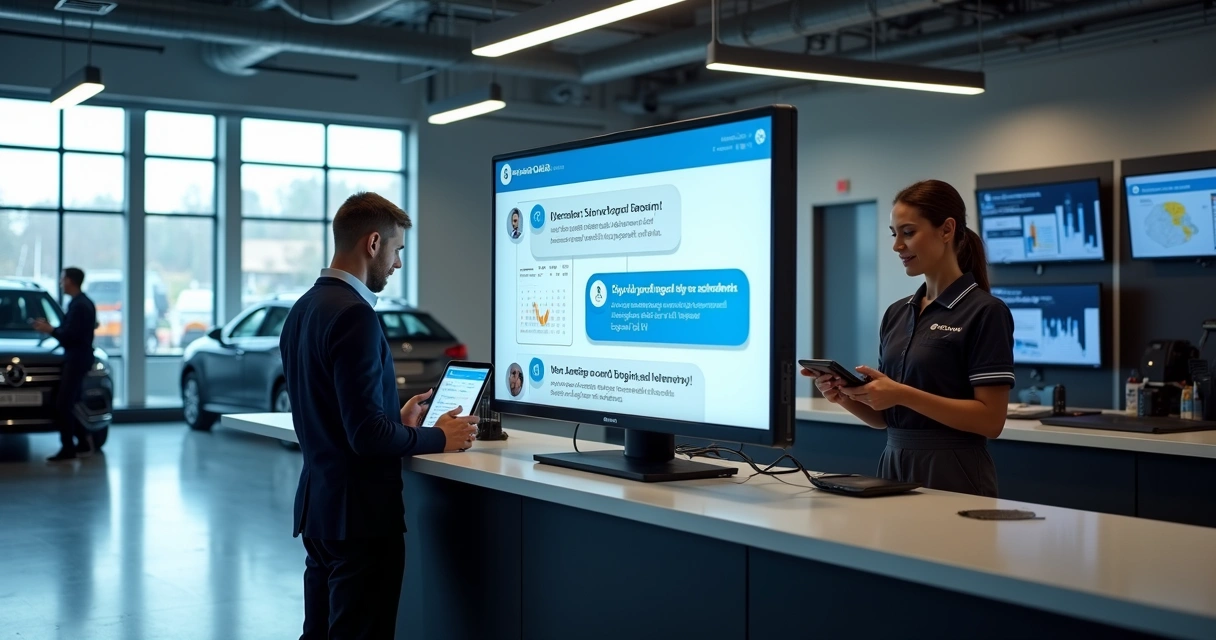Oficina mecânica moderna com chatbot de IA em tela atendendo cliente 