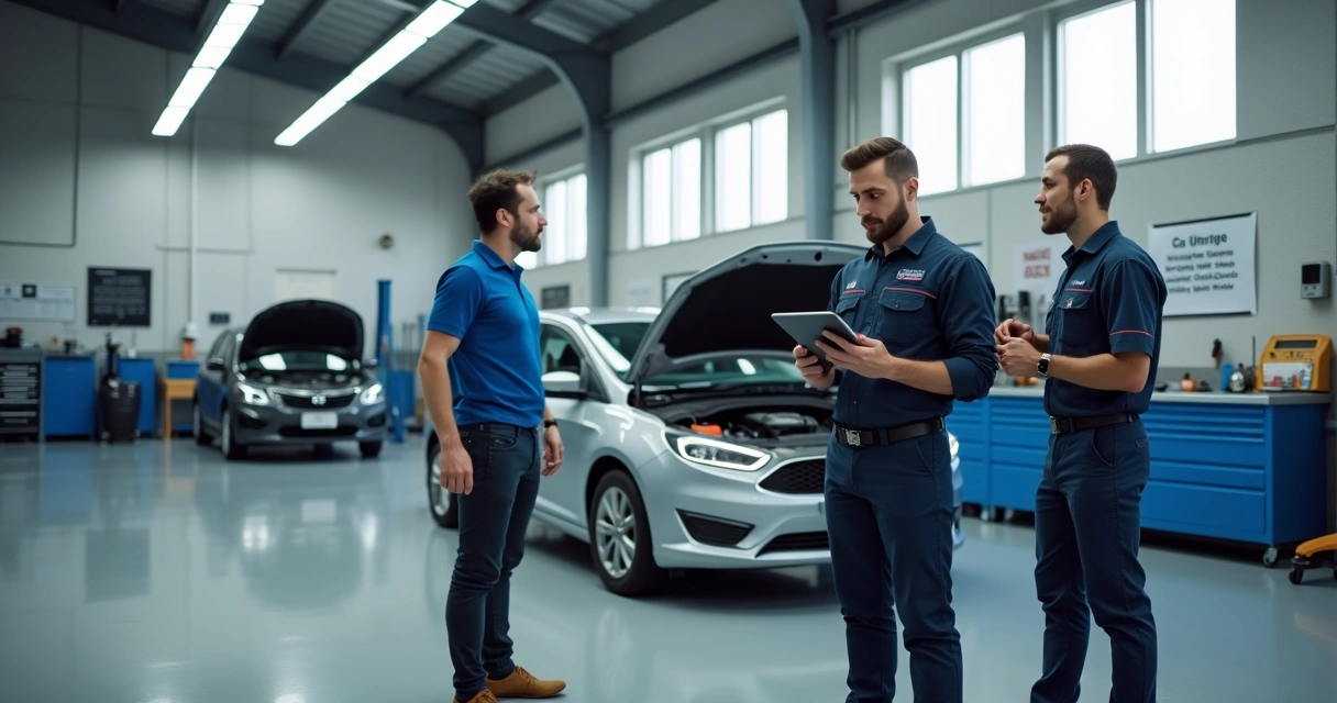 Mecânico atendendo cliente em oficina mecânica moderna em Betim MG 