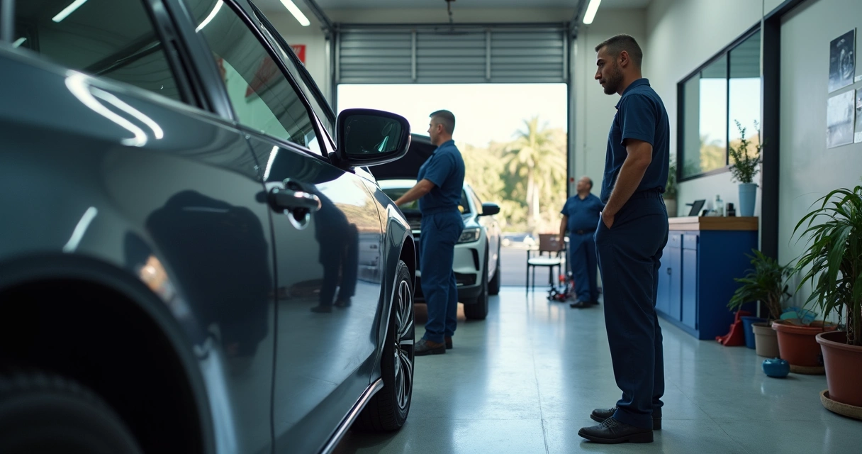 Cliente observa carro em manutenção em oficina bem iluminada em Betim 