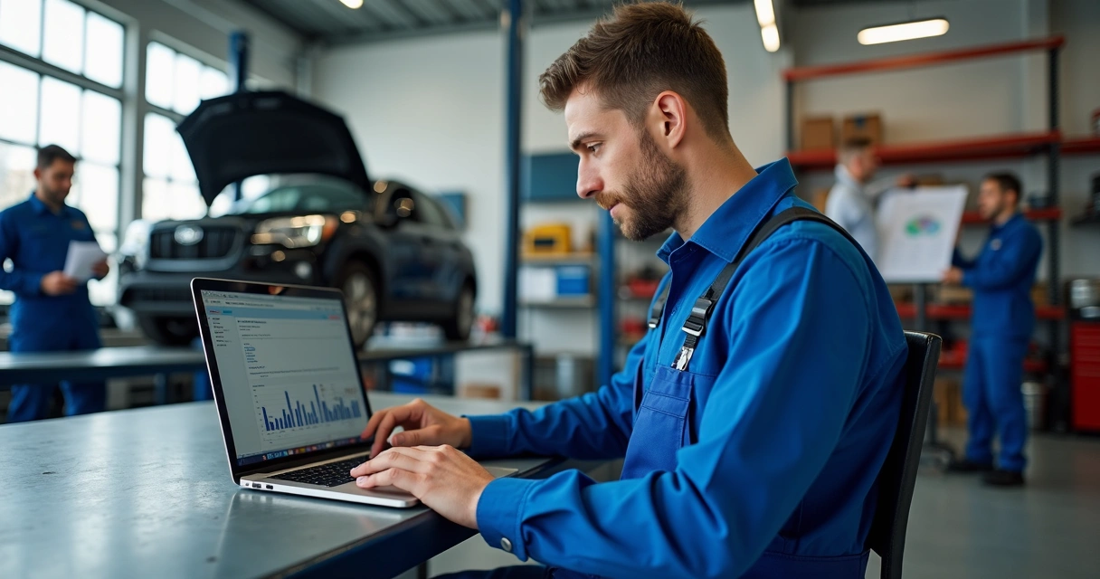 Mecânico configurando campanha paga no notebook em oficina 