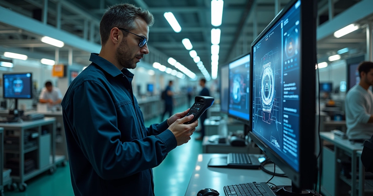 Oficina automotiva com mecânico conectando scanner em carro moderno com sensores visíveis na lataria 