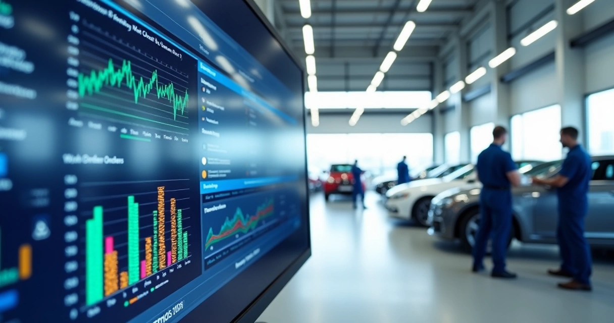 Tela de sistema de oficina com gráficos e ordens de serviço abertas 