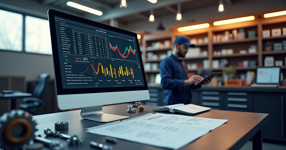 Tela de computador exibindo gráficos de gestão ao lado de peças automotivas em uma bancada 