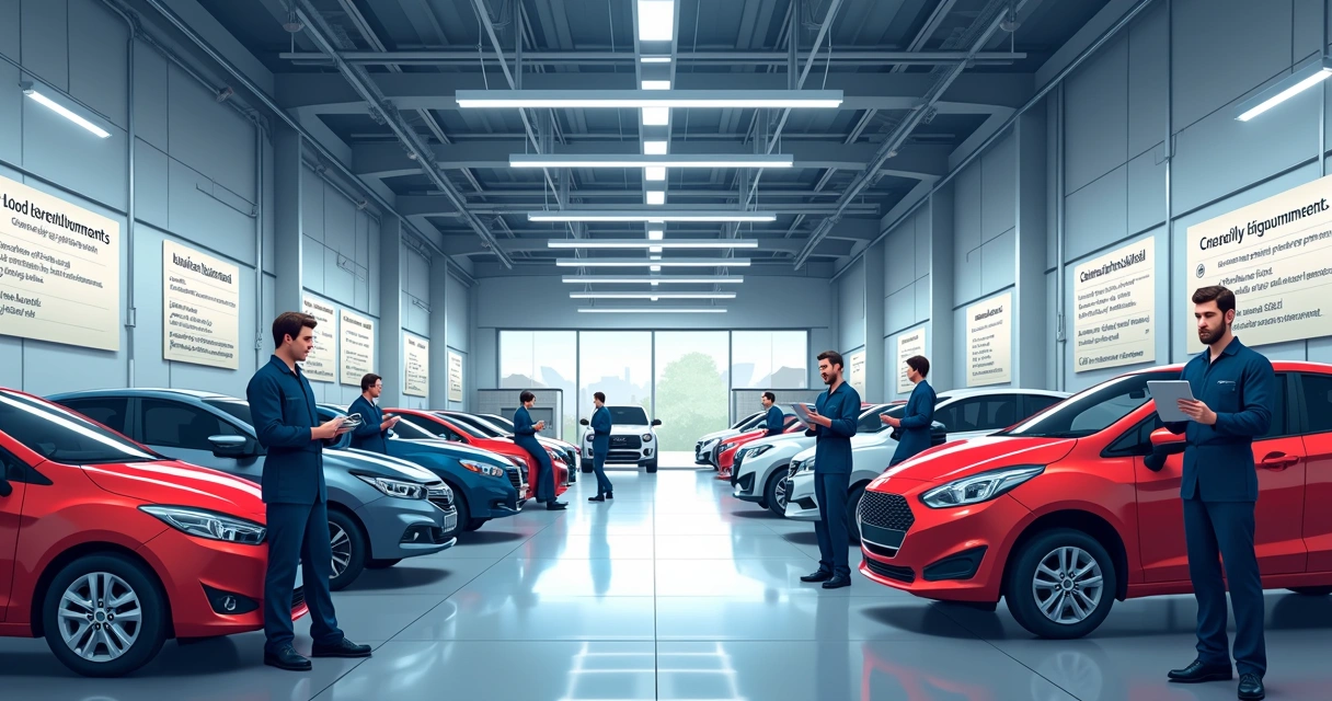 Oficina mecânica organizada com equipe e carros revisados 