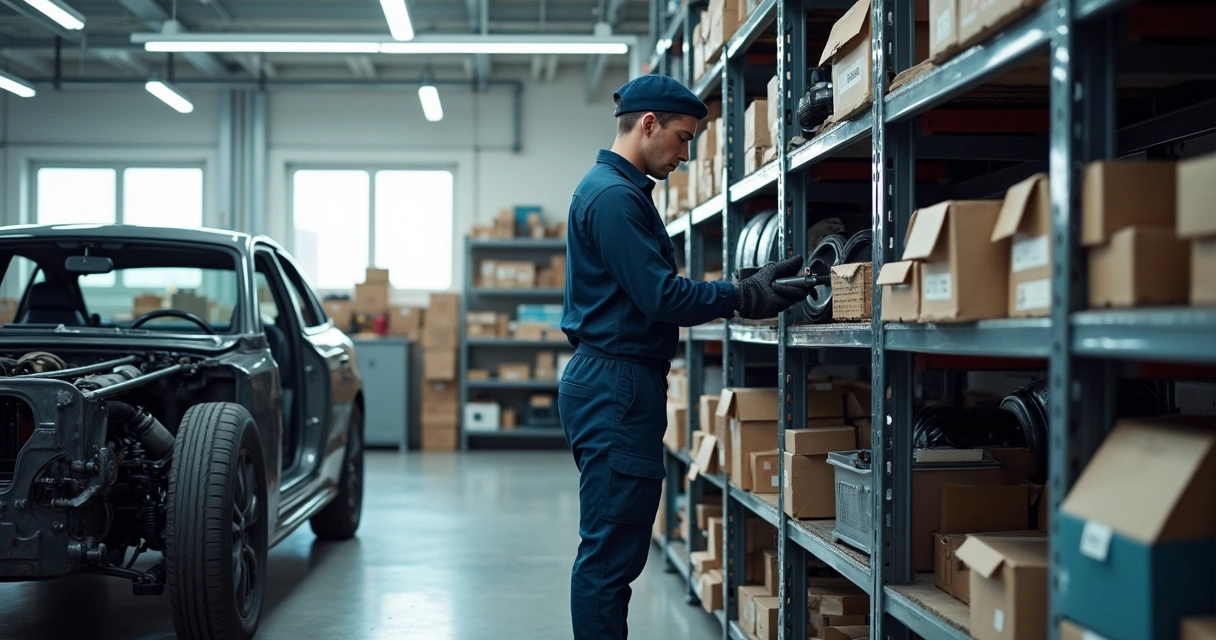 Funileiro em oficina organizando peças automotivas em prateleiras 