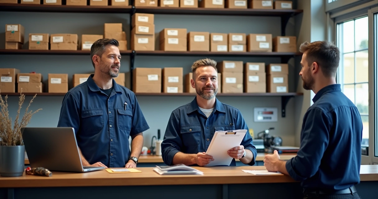 Recepção de oficina mecânica com balcão de atendimento
