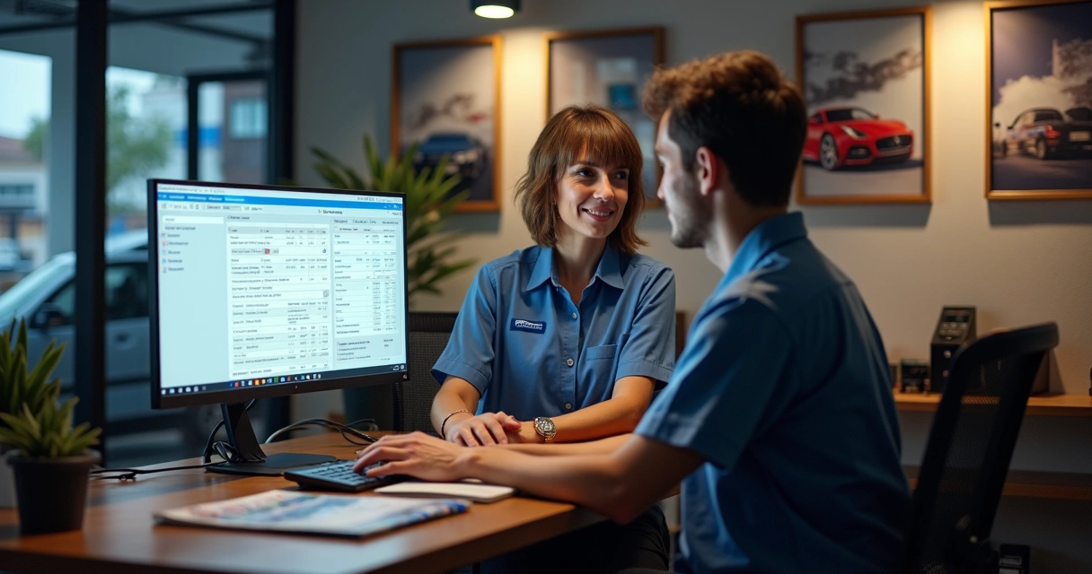 Recepcionista de oficina mecânica atendendo cliente e usando sistema fiscal