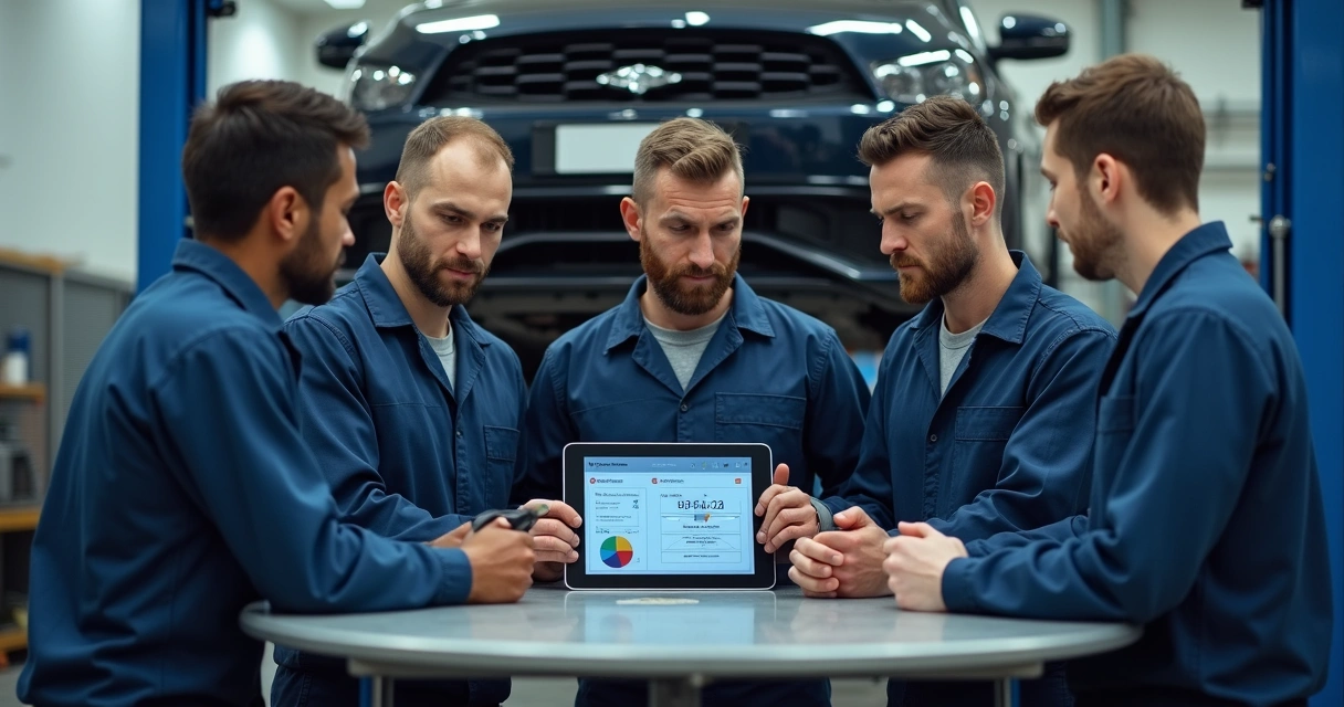 Equipe de oficina mecânica aprendendo sistema digital em bancada com tablet e carro ao fundo