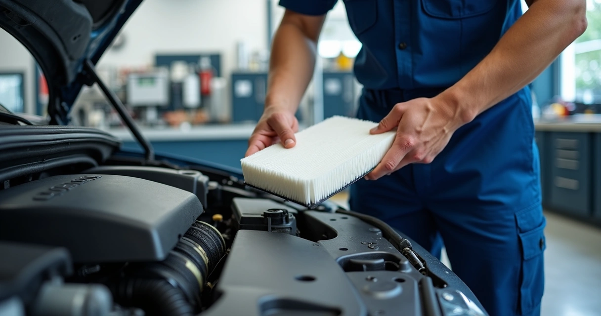 Mecânico instalando filtro de ar novo em motor de carro, oficina moderna ao fundo