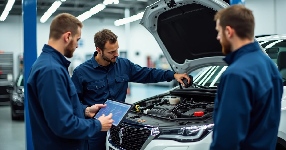 Equipe de mecânicos em oficina fazendo diagnóstico veicular 