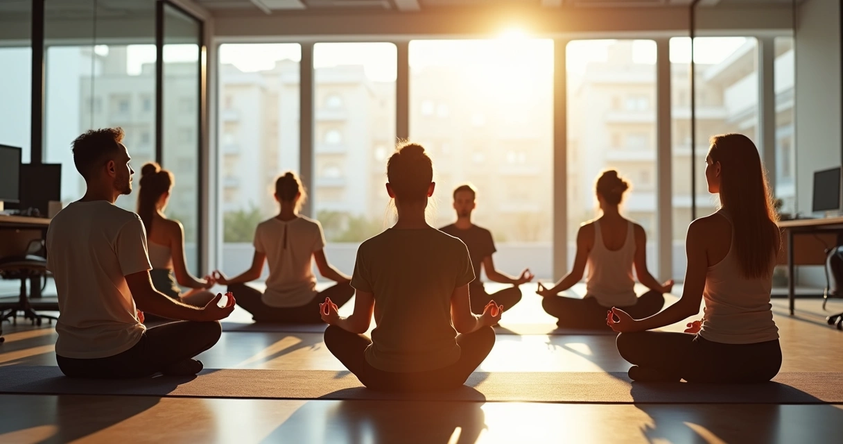 Personas sentadas en círculo practicando meditación en una oficina 