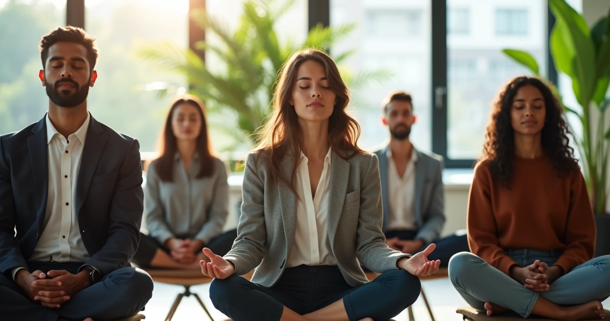 Personas meditando sentadas en una oficina moderna 