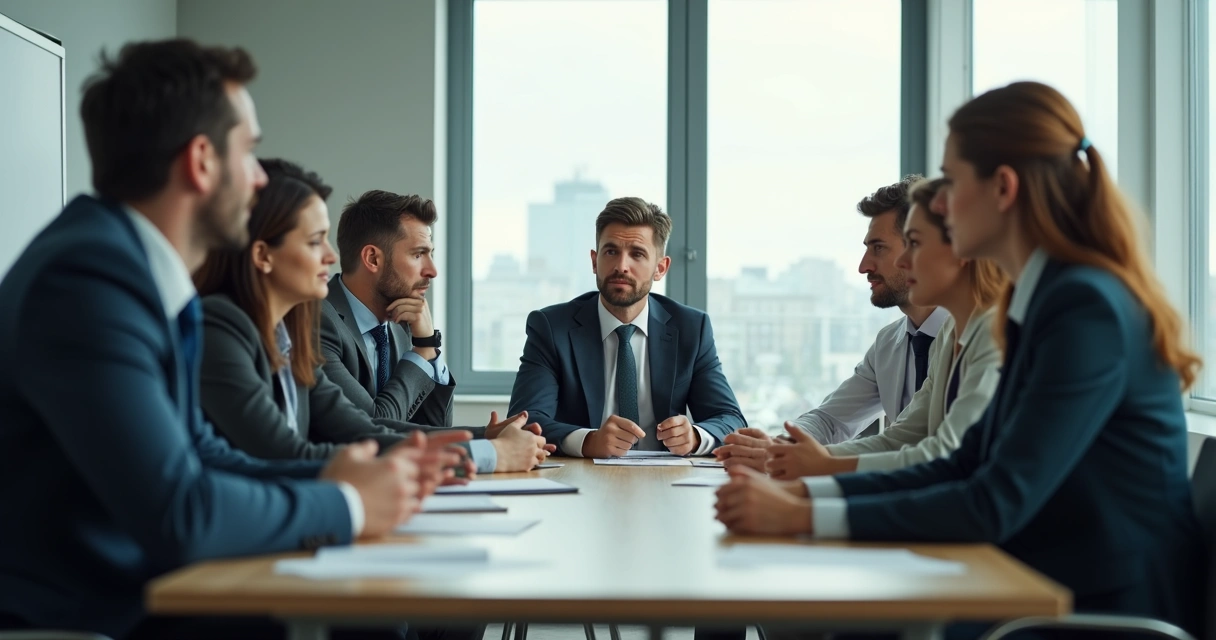 Personas en una oficina intercambiando miradas incómodas durante una reunión