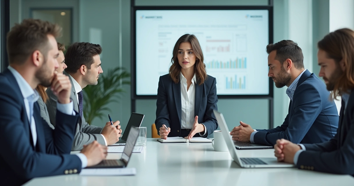 Equipo en reunión donde una mujer es interrumpida por colegas hombres 