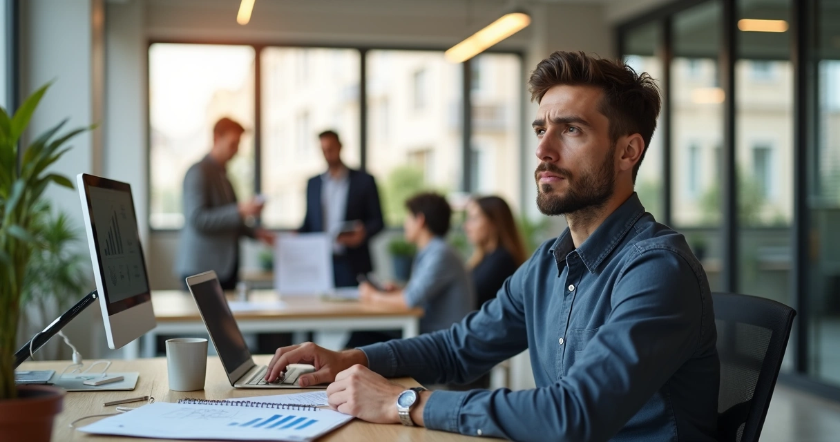 Dos profesionales en oficina moderna con gesto tenso mientras otros colaboran al fondo 