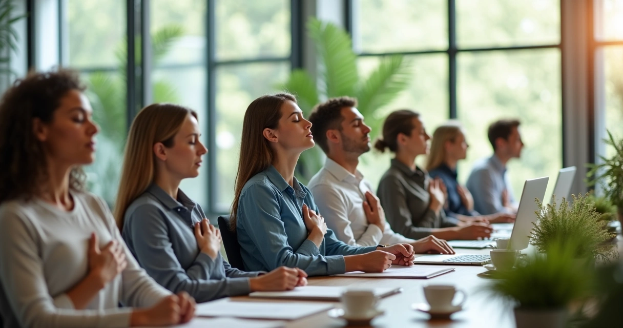 Espacio de oficina moderno con personas practicando respiración consciente en escritorios 