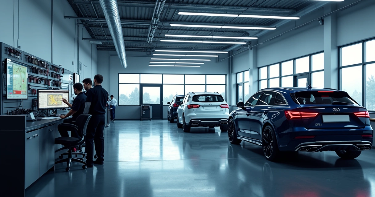 Oficina moderna com carros e equipamentos eletrônicos 