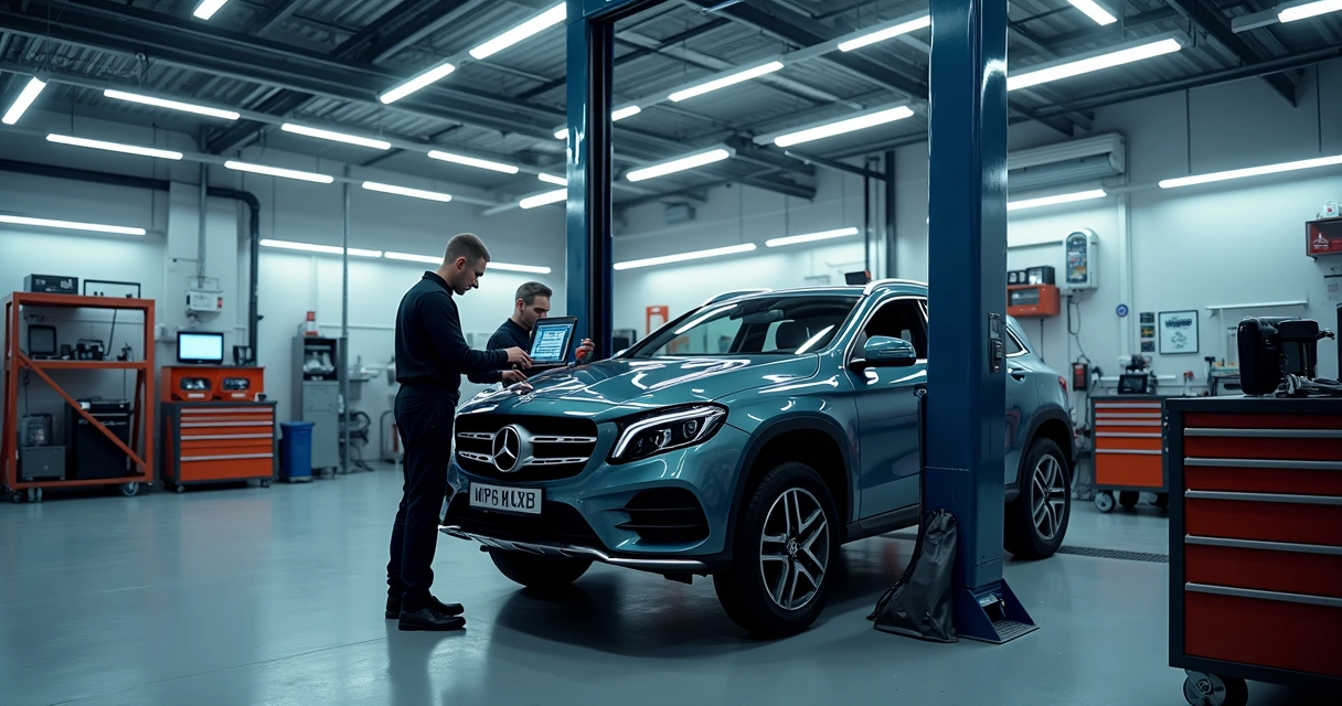 Oficina automotiva moderna com carro em diagnóstico