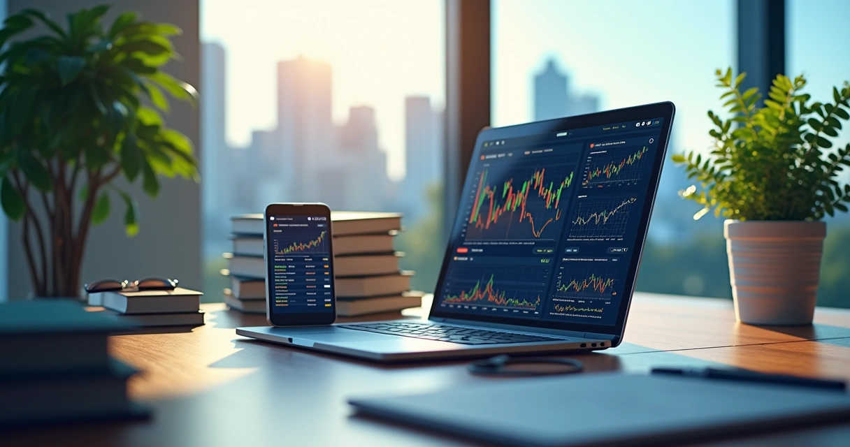 Oficina moderna con laptop mostrando gráficos de inversión y aplicación Fintech en un smartphone.
