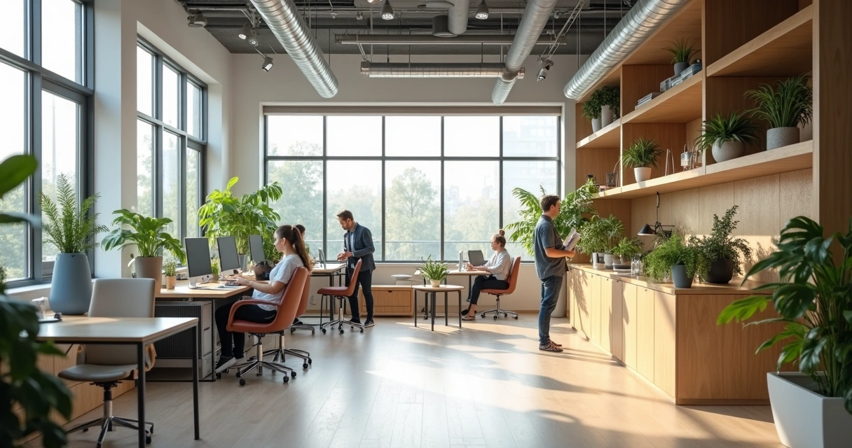 Oficina luminosa con plantas y muebles modernos 