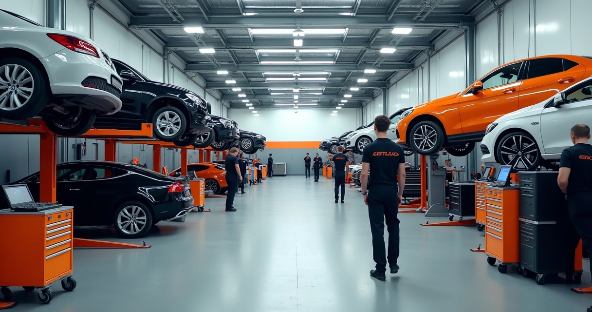 Mecânicos trabalhando em oficina automotiva moderna