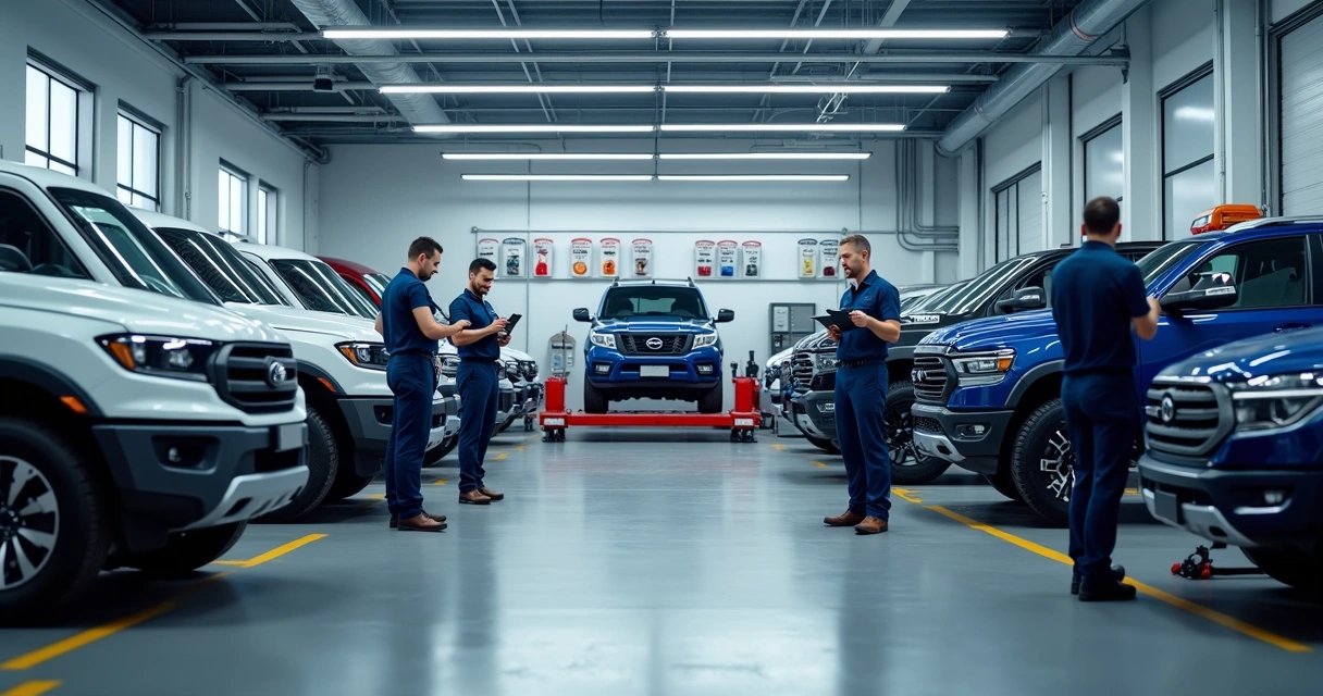 Oficina automotiva moderna com mecânicos trabalhando e equipamentos de diagnóstico