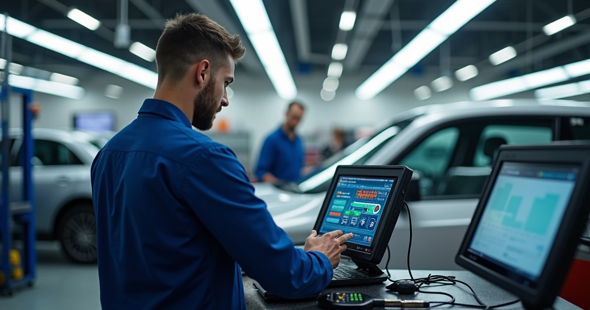 Oficina automotiva moderna com mecânicos trabalhando em diagnósticos digitais