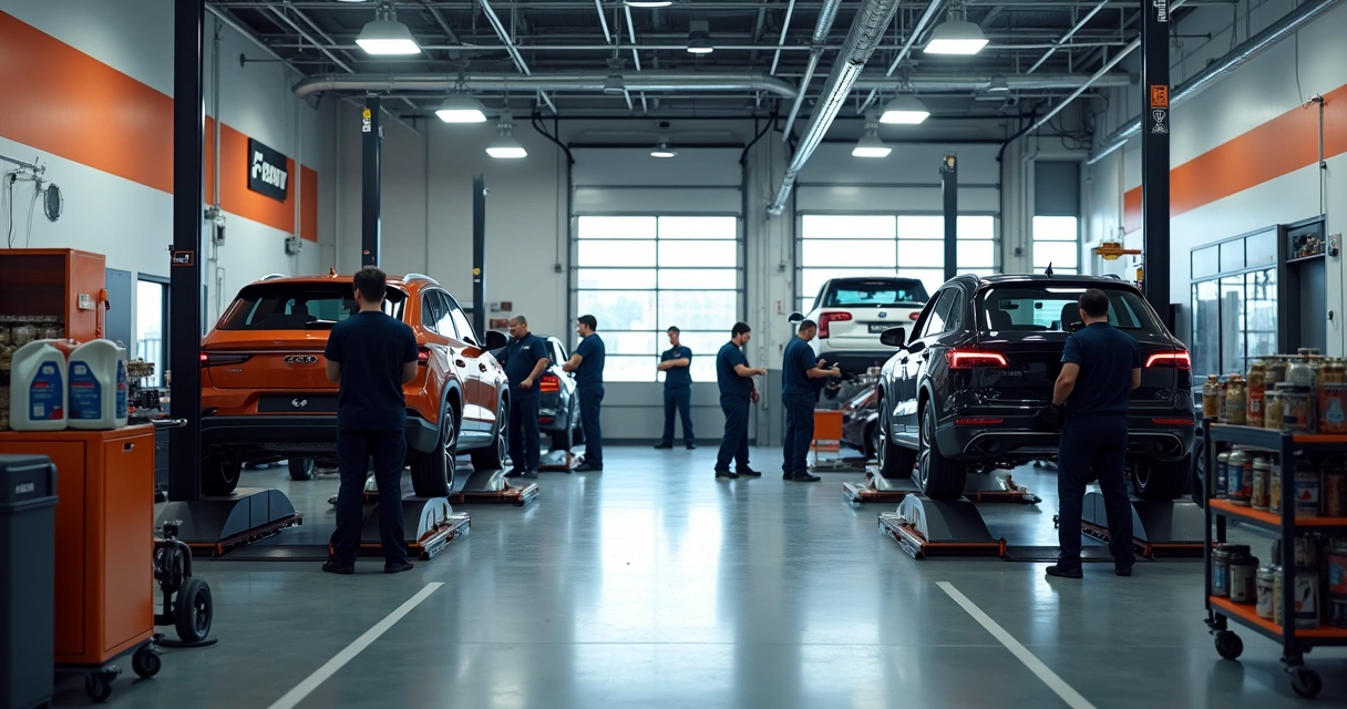 Oficina automotiva moderna com mecânicos trabalhando em carros elevados