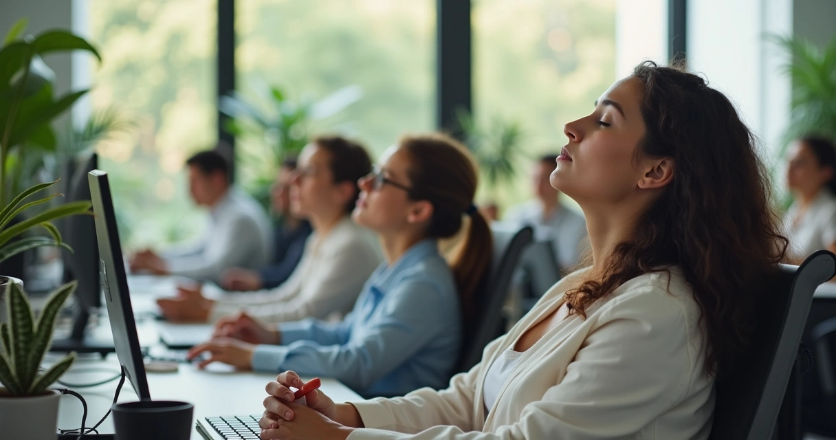 Oficina moderna con empleados en pausa de silencio, luz suave y ambiente calmado 