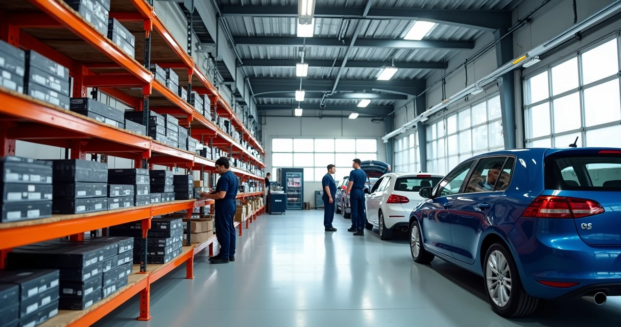 Ambiente de oficina automotiva moderna e organizada com peças certificadas em destaque