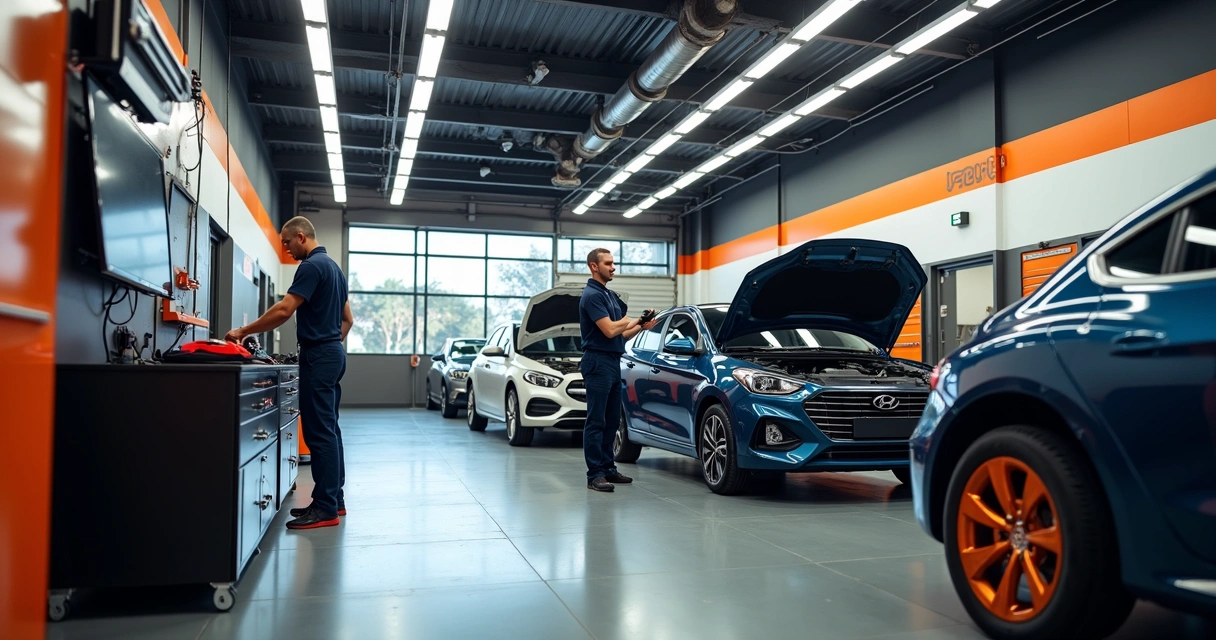 Oficina mecânica moderna com carros em manutenção e ferramentas especializadas