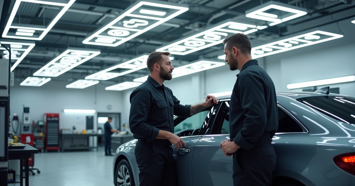 Carro em oficina moderna com técnicos revisando borrachas de portas