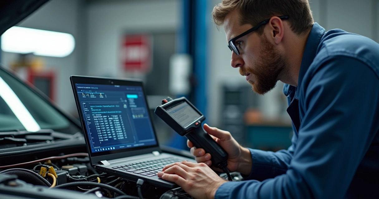 Mecânico testando chicote elétrico com scanner em oficina moderna