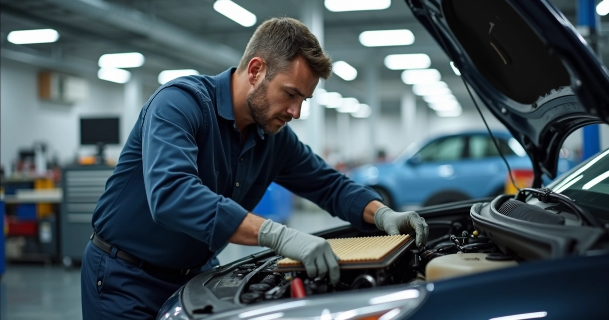 Oficina automotiva moderna com mecânico trocando filtro de ar 