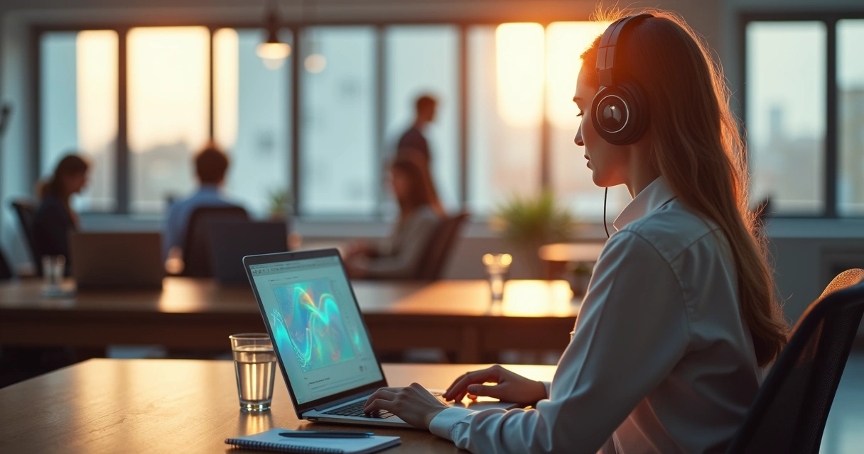 Profesional trabajando con auriculares y ondas de sonido sutiles alrededor de su cabeza 