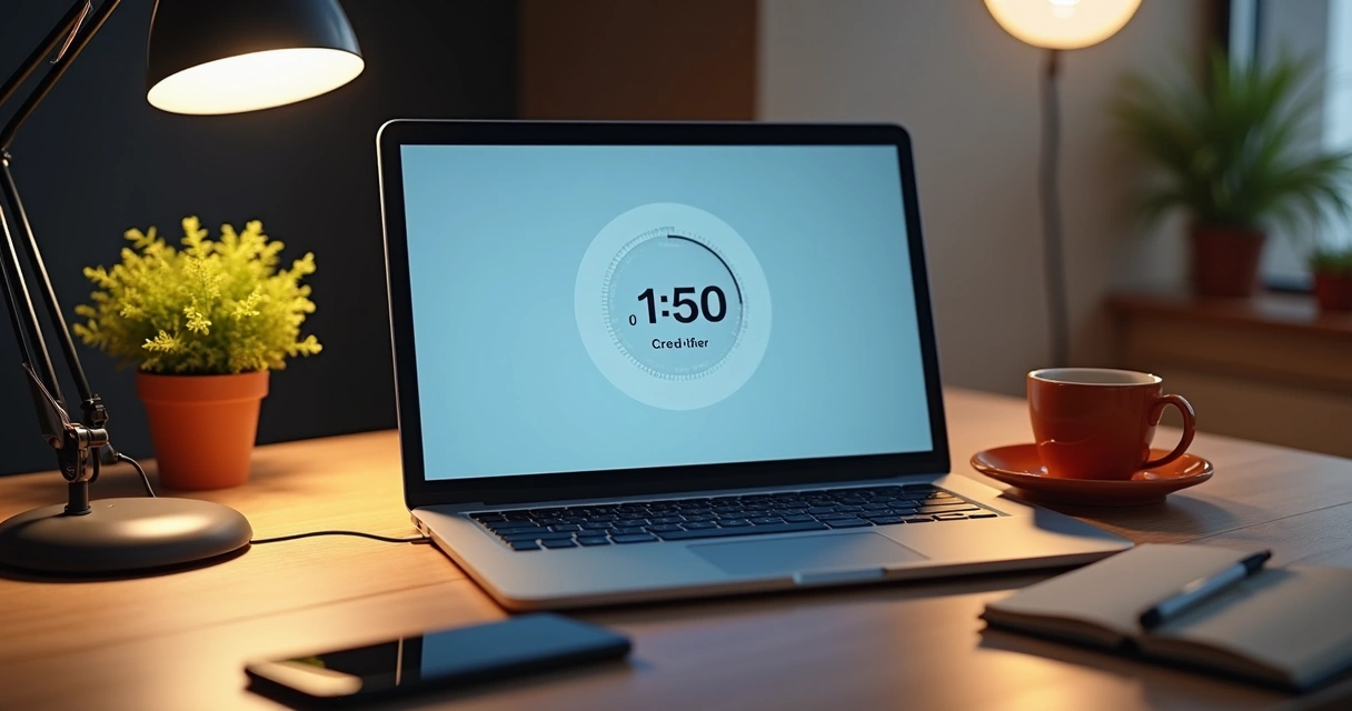 Escritorio con computadora y temporizador de descanso visible 