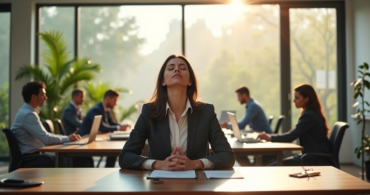 Persona sentada en una oficina tomando una pausa para respirar y calmarse 