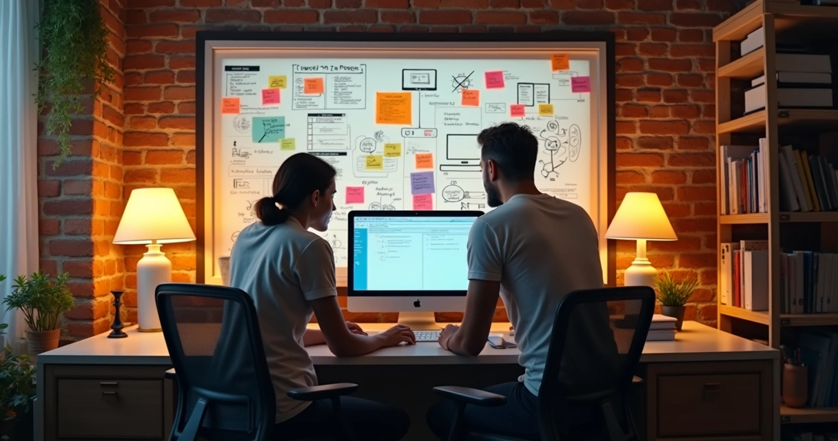 Oficina pequeña con empleados colaborando y pizarra llena de ideas 