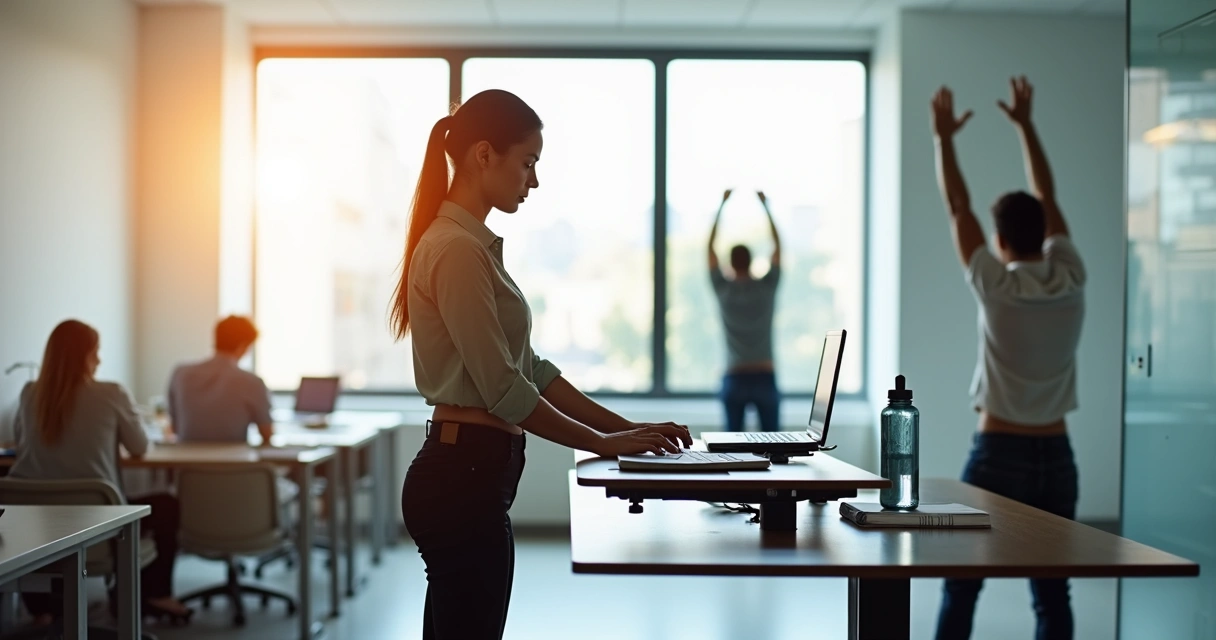 Persona trabajando de pie delante de una computadora en una oficina moderna 