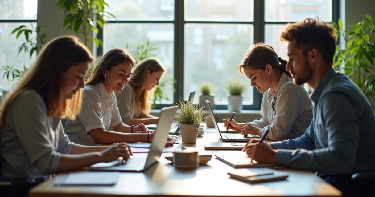 Personas sentadas en una oficina abierta, cada una concentrada en su tarea, con luz natural entrando por las ventanas. 
