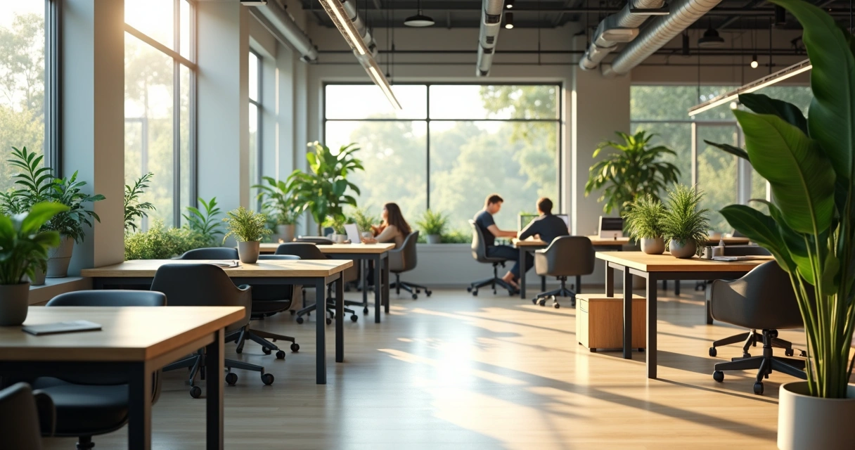 Oficina luminosa con plantas y luz natural en escritorios 