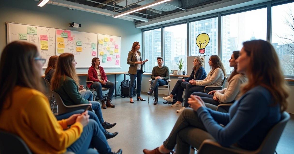 Jovens em oficina sobre políticas públicas, sentados em roda em sala moderna
