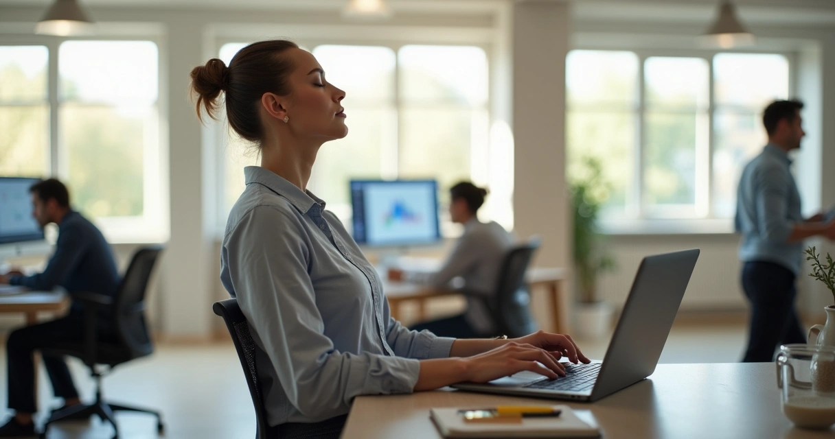 Profesional en oficina moderna practicando autorregulación con respiración consciente 