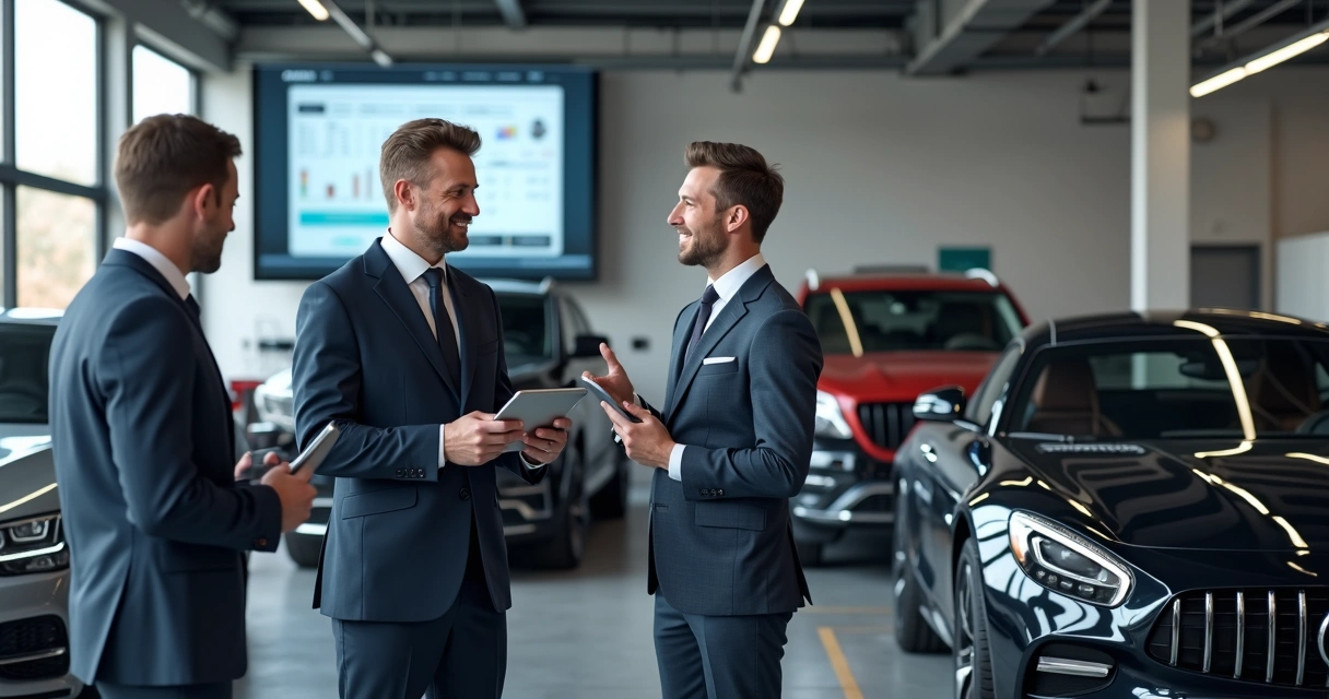 Atendimento pós-vendas em oficina mecânica premium com equipe analisando dados e cliente satisfeito 