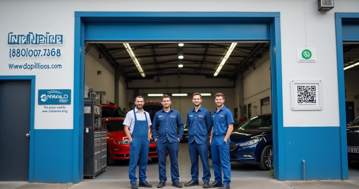 Equipe de oficina mecânica sorrindo em frente ao local, com letreiro moderno e fachada limpa 