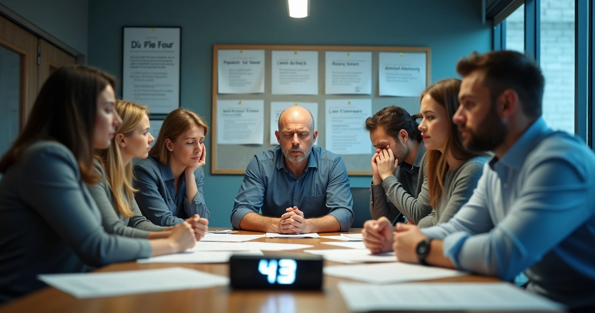 Grupo de trabajadores en oficina con expresiones preocupadas revisando documentos 