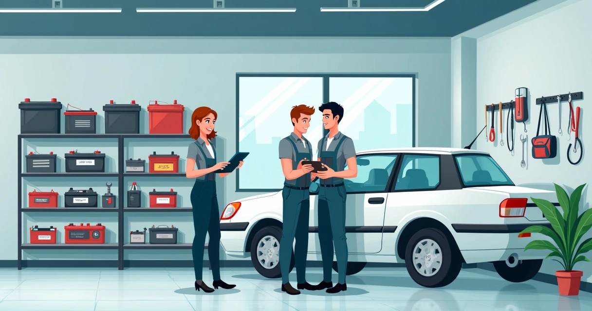 Oficina organizada com estoque de baterias automotivas e equipe confiante