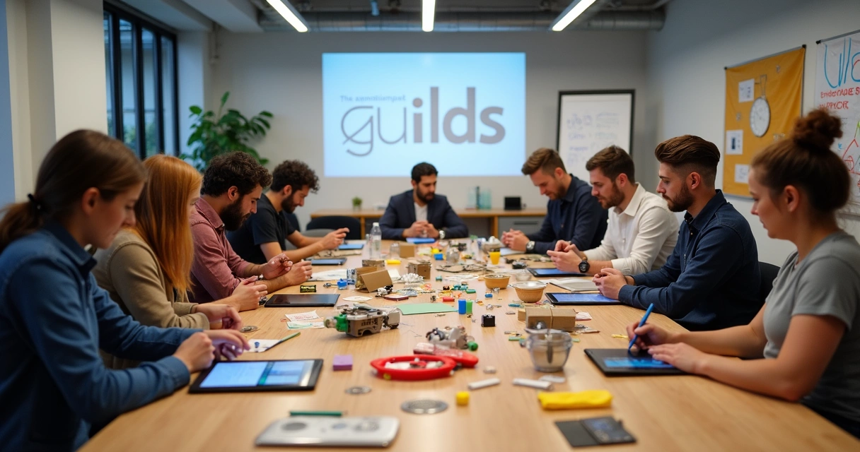Oficina de prototipagem Guilds com equipe testando ideias